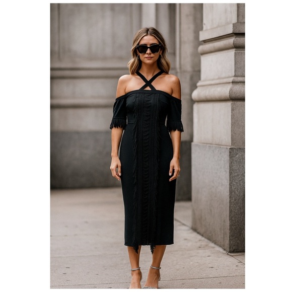 NWT ALICE MCCALL Black Fringe Cold Shoulder Sovereign Midi Dress Size 0 - Picture 2 of 13